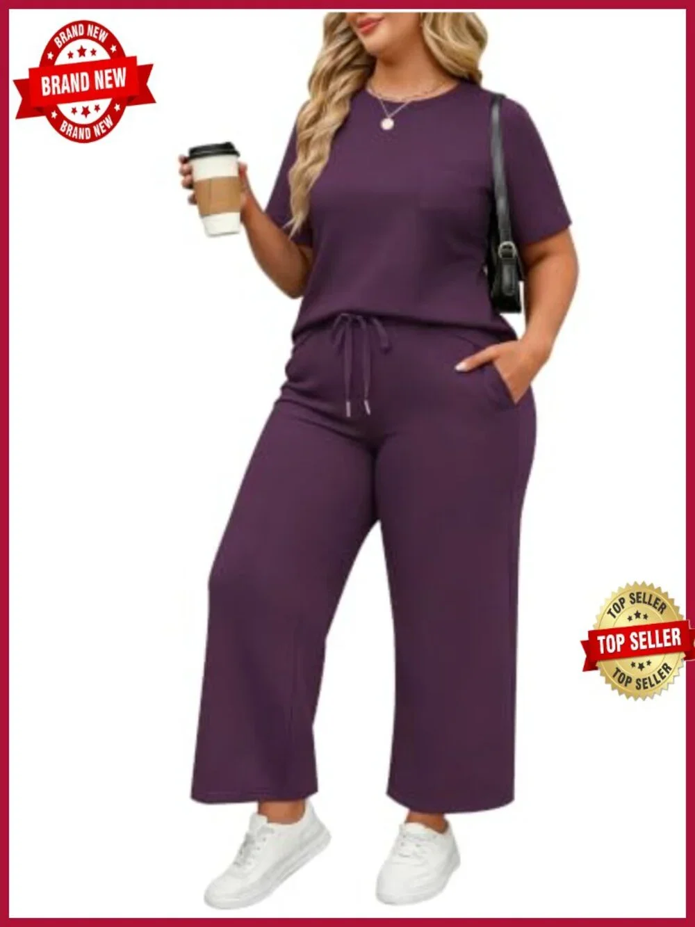Plus Size Lounge Sets 2 Piece Travel Outfit Short Sleeve Wide Leg Pants Cotton